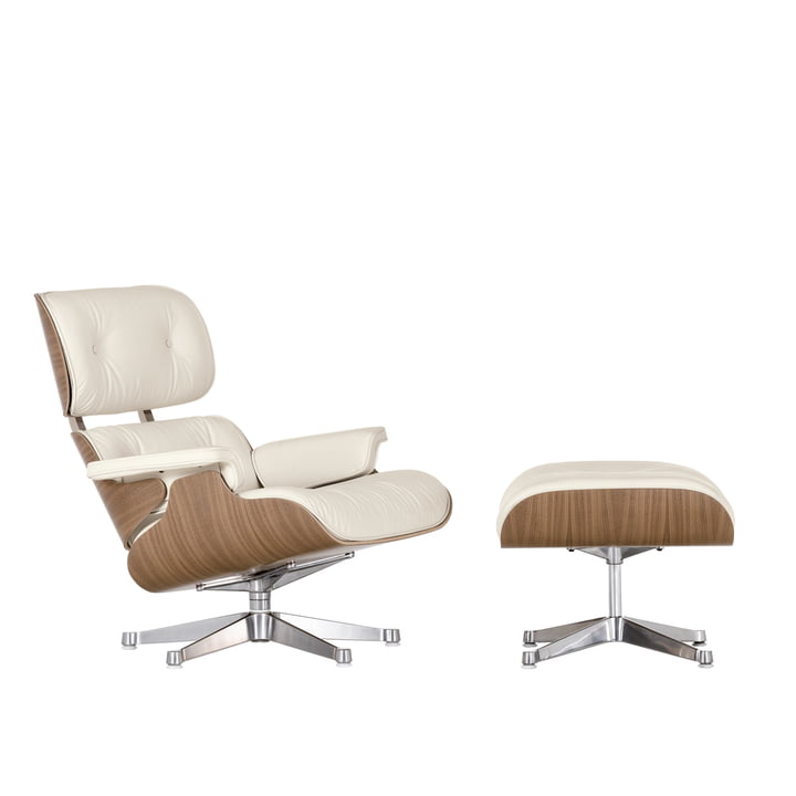 Vitra Lounge Chair + Ottoman - walnoot, wit, gepolijst