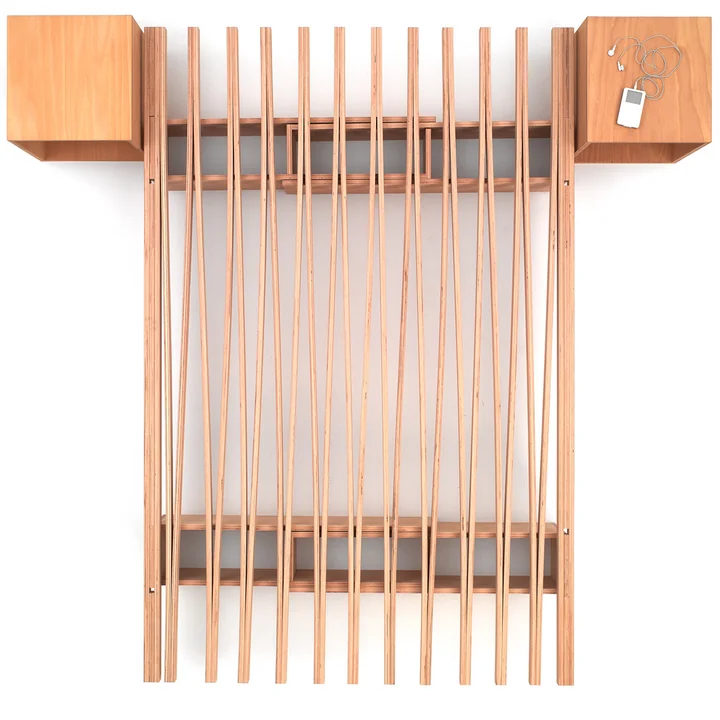 Het v-bed en twee Cube nachtkastjes van Tojo