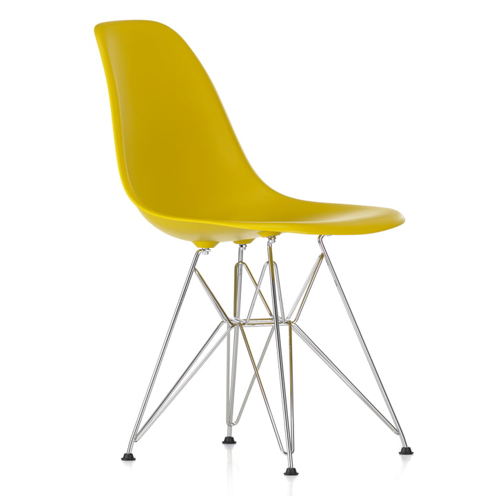 Vitra - Eames Plastic Side Chair DSR, verchroomd / mosterd, zwarte vilten kussentjes
