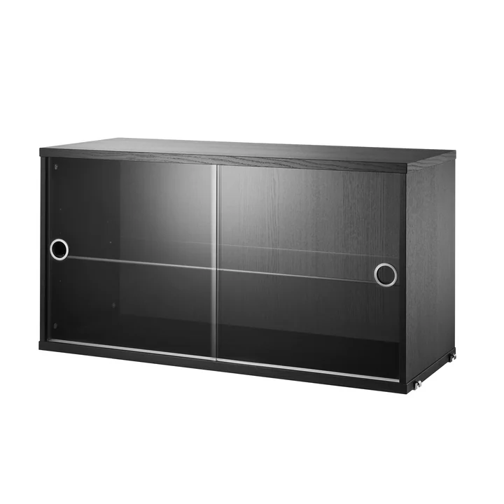 String Vitrinekast met schuifdeuren in glas 78 x 30 cm uit zwart gebeitst essenhout