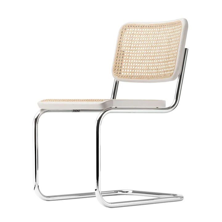 S 32 V-stoel van Thonet in chroom / wit gelakte beuk (TP 200) / vlechtwerk met ondersteunende stof
