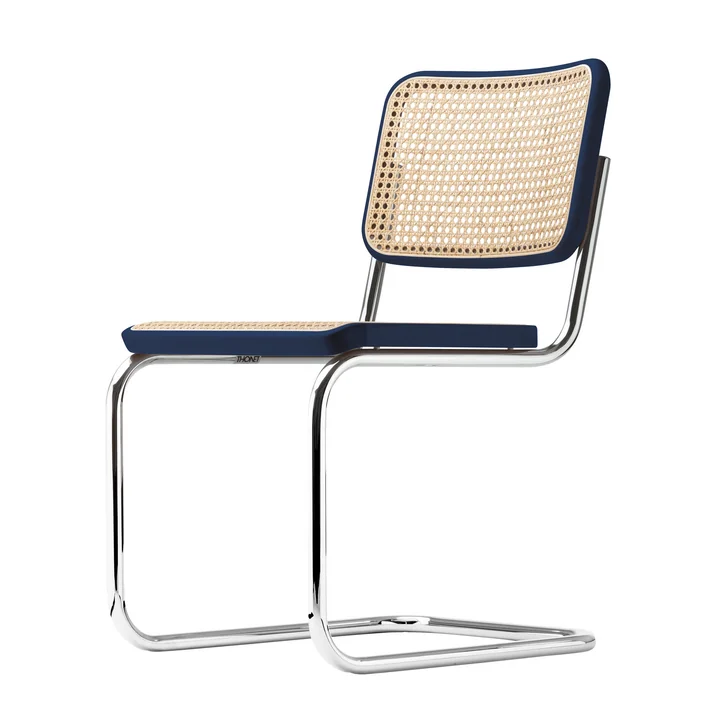 S 32 V stoel van Thonet in chroom / donkerblauw beuken (TP 259) / vlechtwerk met ondersteunende stof