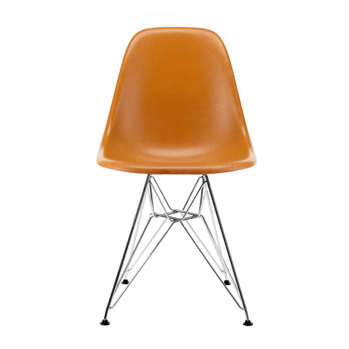 Eames Fiberglass Side Chair DSR van Vitra in chroom / Eames oker donker