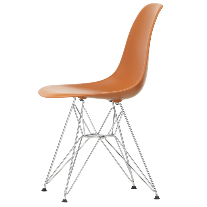 Eames Kunststof zijstoel DSR van Vitra in verchroomd / roestvrij staal oranje