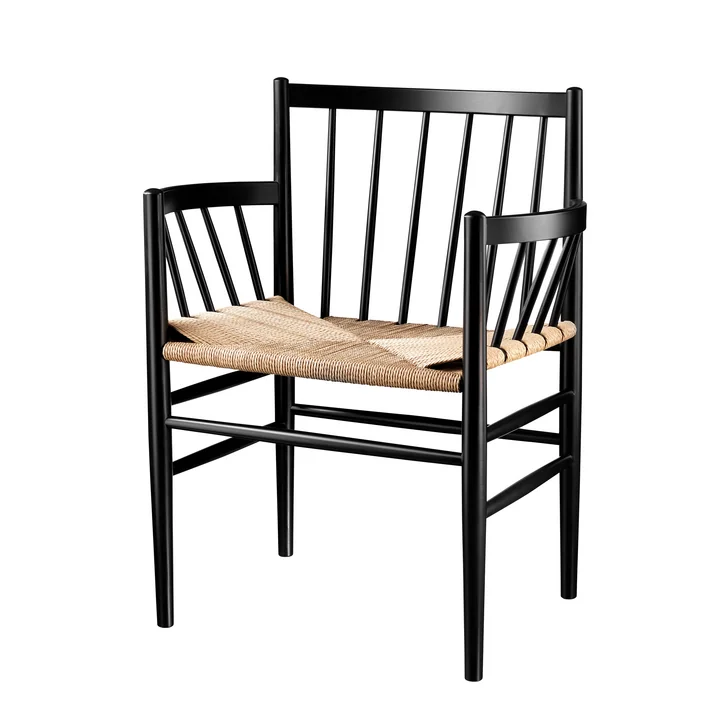 J81 Fauteuil, zwart gelakt beuken / natuurraster van FDB Møbler.
