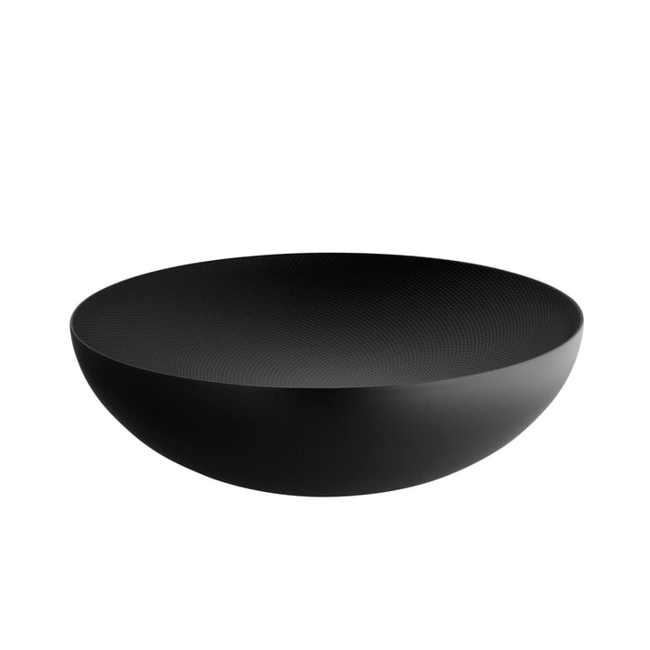 Dubbelwandige schaal Ø 32 x H 9,5 cm van Alessi in het zwart met reliëfdecoratie.