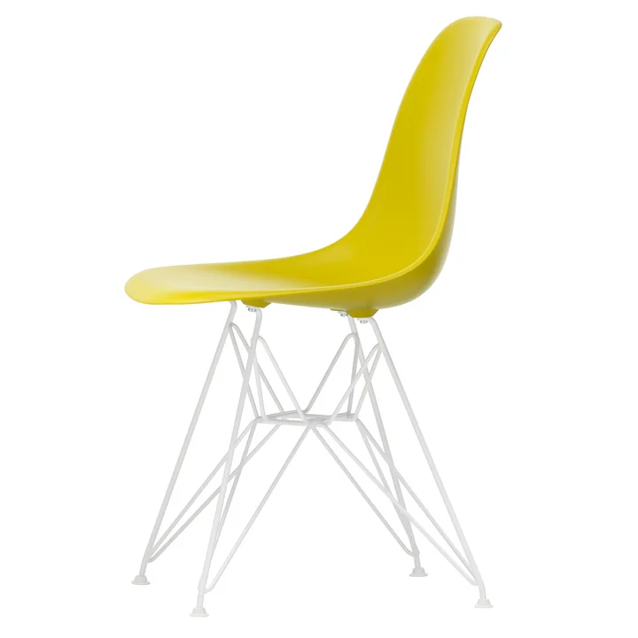 Vitra - Eames Plastic Side Chair DSR, wit / mosterd (vilt glijdt wit)