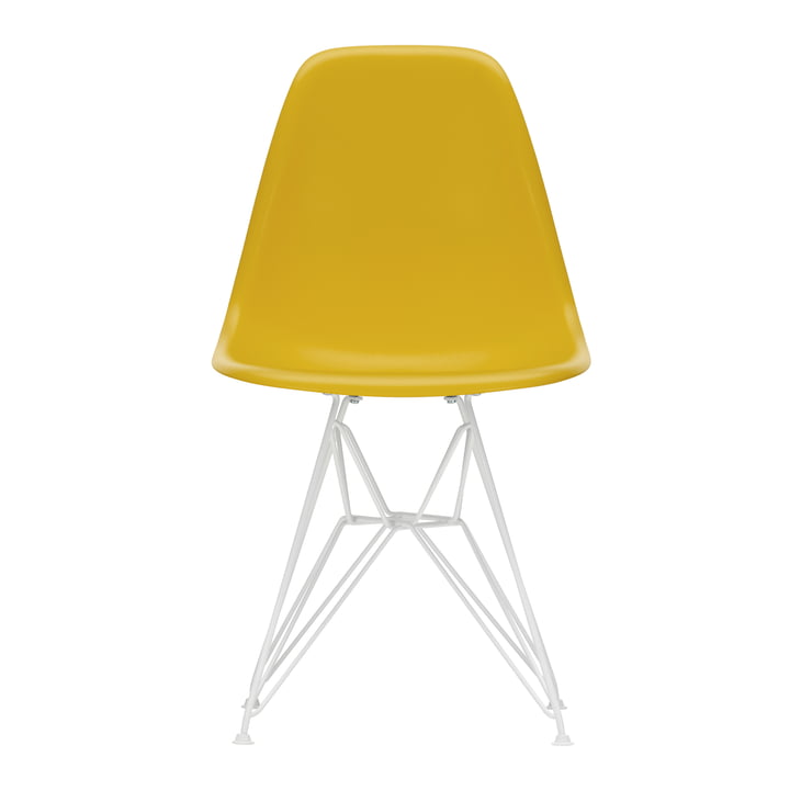 Vitra - Eames Plastic Side Chair DSR, wit / mosterd (vilt glijdt wit)