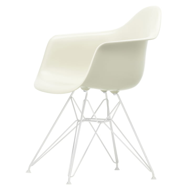 Eames Plastic Armchair DAR van Vitra in wit / kiezel (glijders van wit vilt)