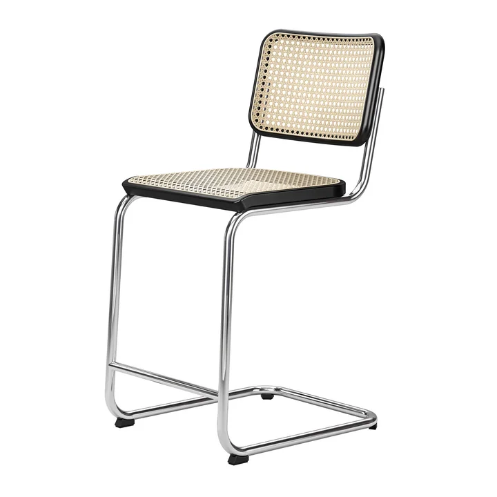 S 32 VHT-barstoel SH 64 cm van Thonet in chroom / beuken gebeitst zwart / vlechtwerk met steunweefsel