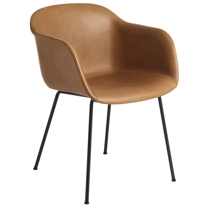Fiber Chair Tube Base zwart / Refine lederen cognac van Muuto