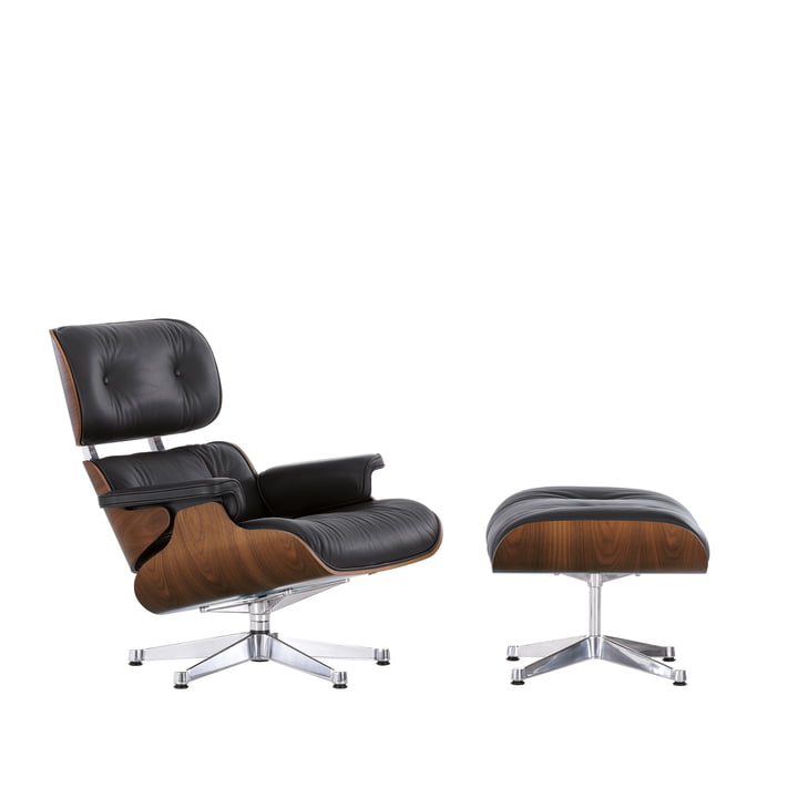 De Lounge Chair & Ottoman van Vitra in de versie gepolijst, zwart gepigmenteerd notenhout, premium leer nero (klassiek)