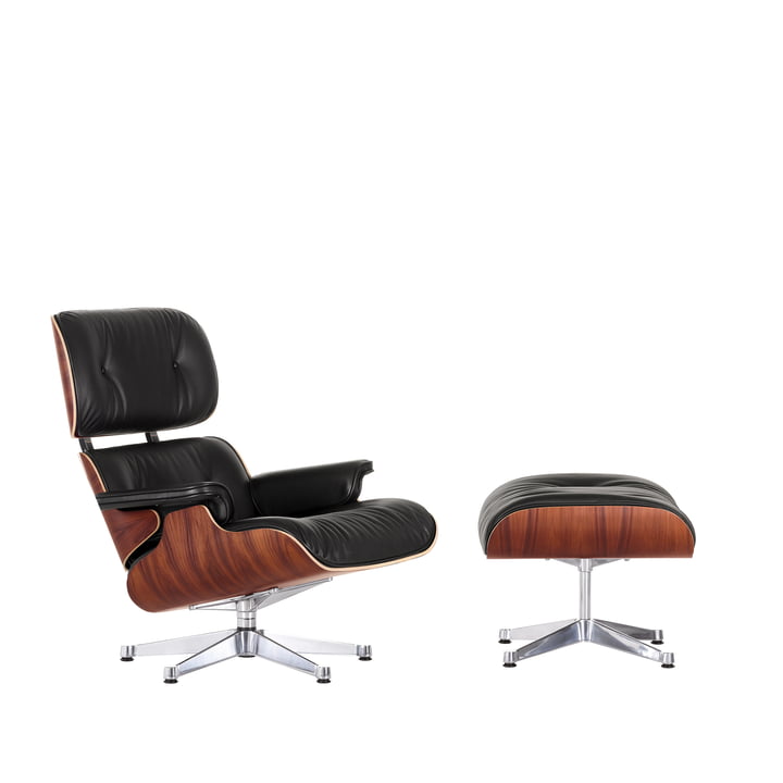 Vitra - Lounge Chair & Poef, gepolijst, Santos palissander, leder premium nero