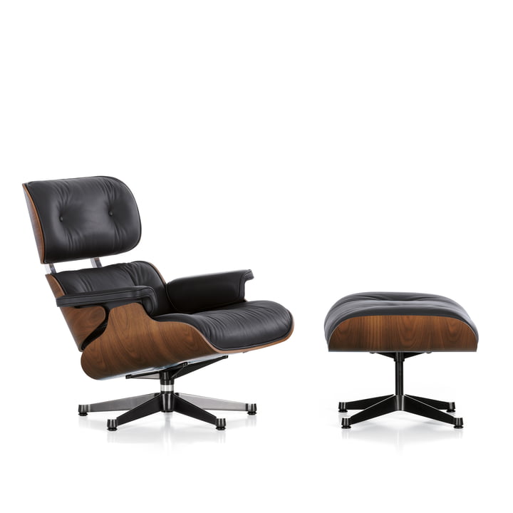 Vitra - Lounge Chair & Ottomann, walnoot zwart gepigmenteerd, gepolijst / zijden zwart, leer Premium F nero, viltglijders (nieuwe afmetingen) - gratis plaat