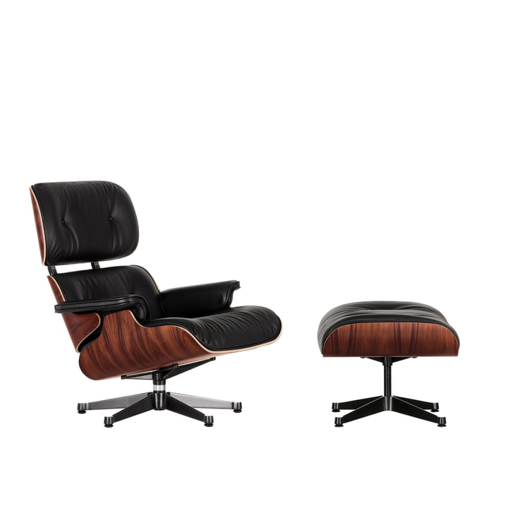 Lounge Chair & Poef van Vitra in de versie gepolijst / zijkanten zwart, Santos palissander, leer Premium F nero (nieuwe afmetingen)