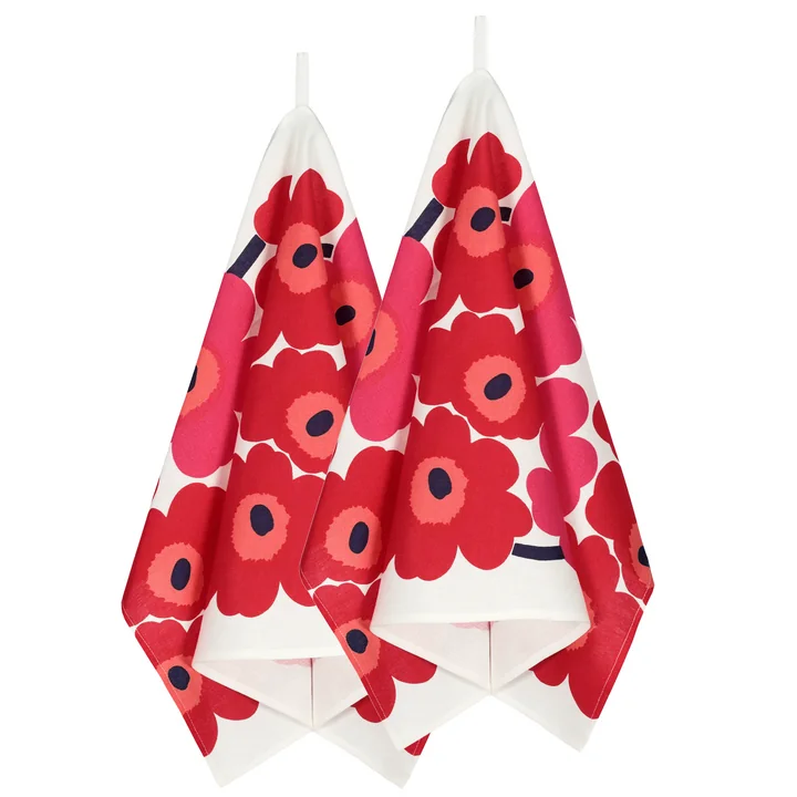 Unikko Theedoekset van 2 van Marimekko in wit/rood