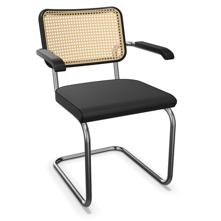 S 64 SPV fauteuil, chroom / zwart gebeitst beuken (TP 29) / bekleding zitting zwart met doorstiksels uit Thonet