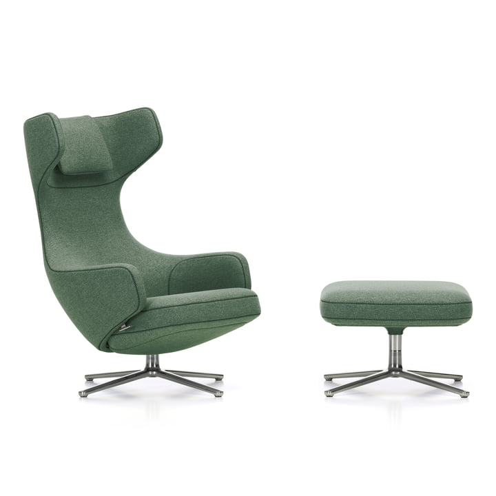 Grand Repos Ottoman Vitra Cosy Fauteuil en uit in de versie 2 rietgroen (kruissteeknaad) / gepolijst aluminium