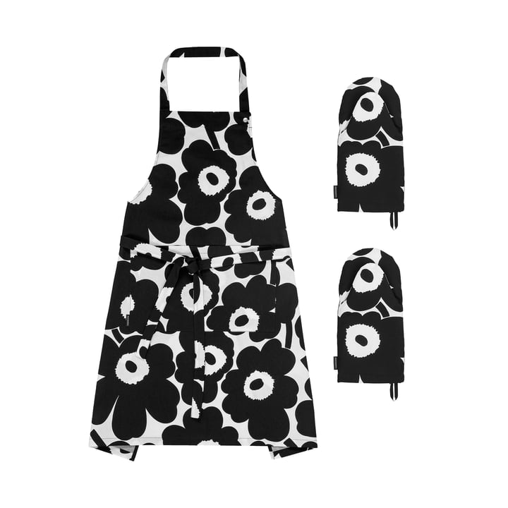 Pieni Unikko Schort met 2 x ovenwant, wit / zwart (3 stuks) van Marimekko