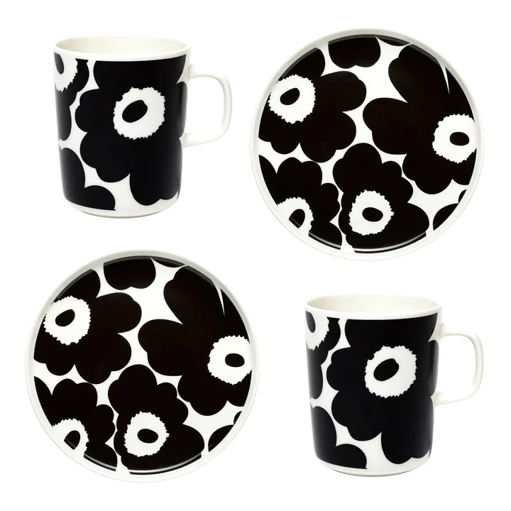 Oiva Unikko Mok met handvat & Bord, wit / zwart (set van 4) (Winter 2022) by Marimekko