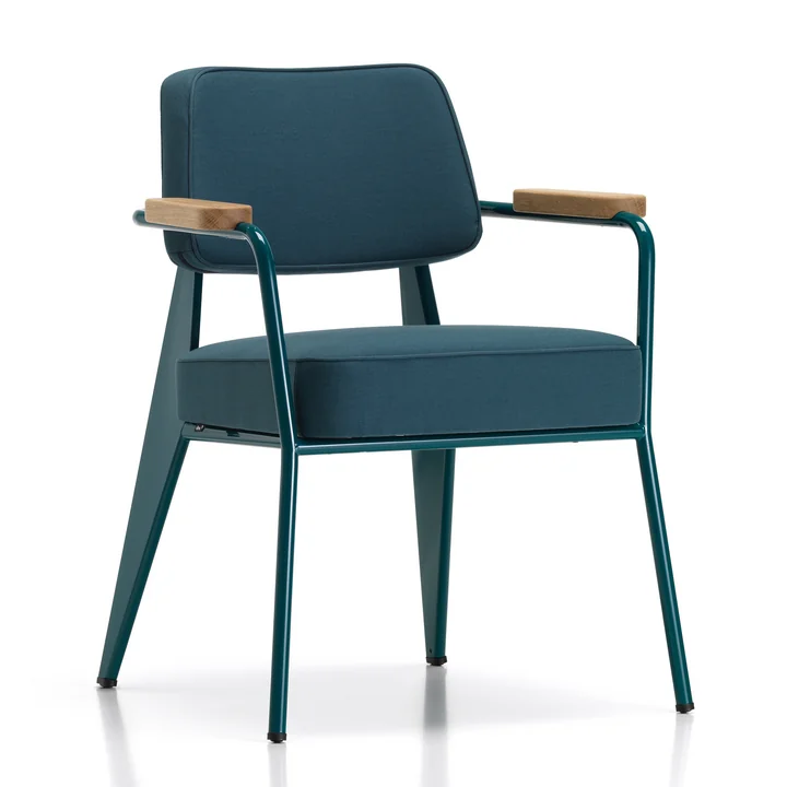 Vitra - Fauteuil Direction Fauteuil, natuurlijke eik / Prouvé Bleu Dynastie / Twill blauw-grijs