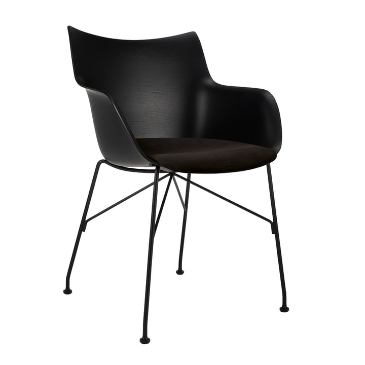 Kartell - Q/Houten fauteuil met zitkussen, zwart, zwart frame, zwarte zitschaal