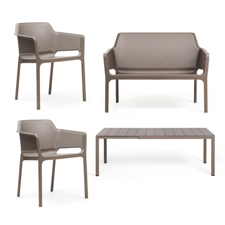 Nardi - Rio Alu Uitschuiftafel 140 + Net Bank + 2x Net Armstoel, tortora