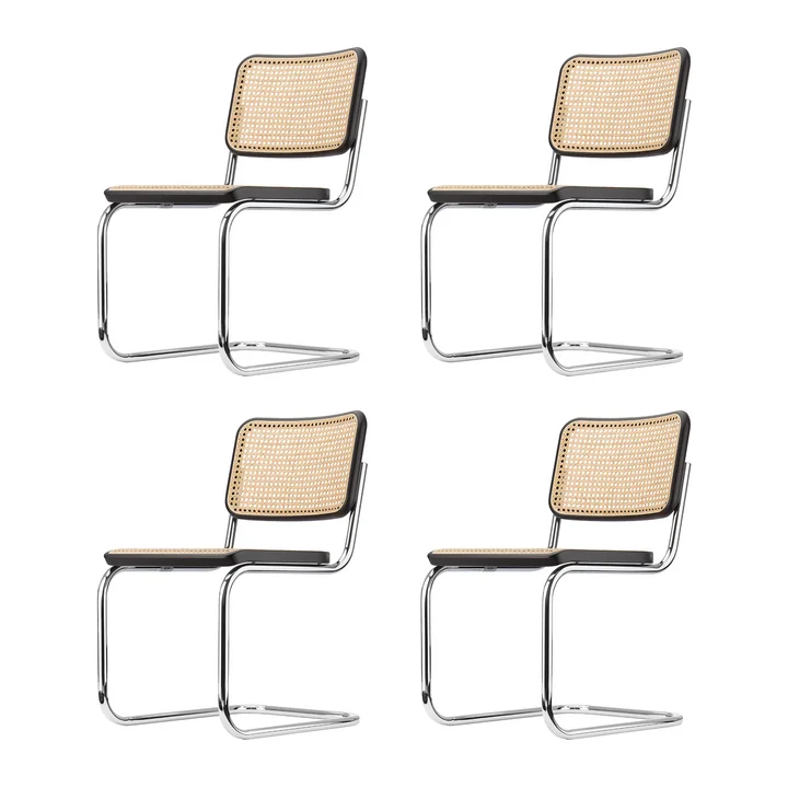 Thonet - S 32 V Stoel, chroom / zwart gebeitst beuken (TP 29) / vlechtwerk met steunstof (set van 4)