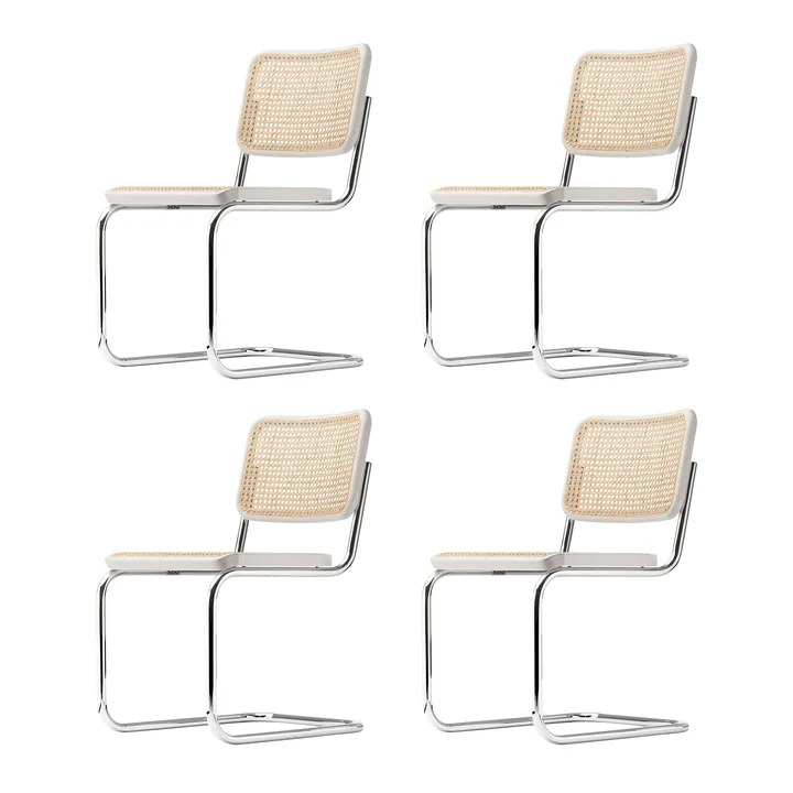 Thonet - S 32 V Stoel, chroom / wit gelakt beuken (TP 200) / vlechtwerk met steunstof (set van 4)