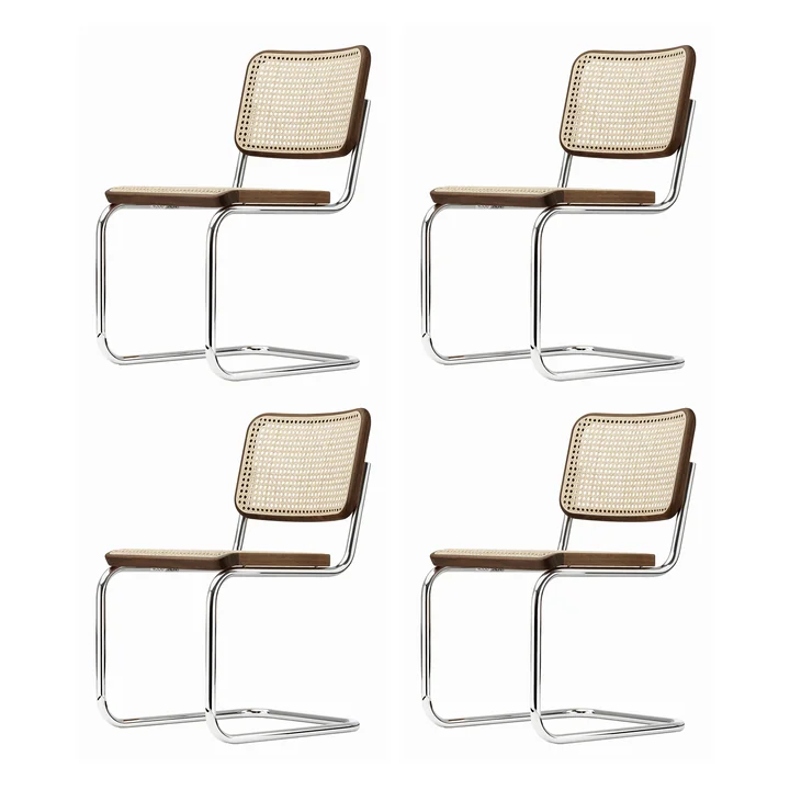 Thonet - S 32 V Stoel, chroom / walnootkleurig (TP 24) / vlechtwerk met steunstof (set van 4)