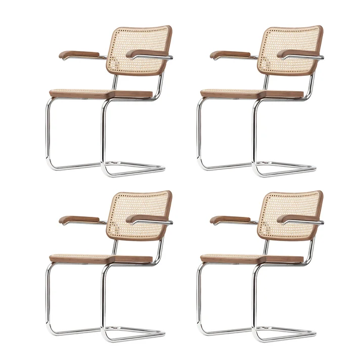 Thonet - S 64 V Fauteuil, chroom / walnoot / vlechtwerk met kunststof drager stof (Pure Materials) (set van 4)
