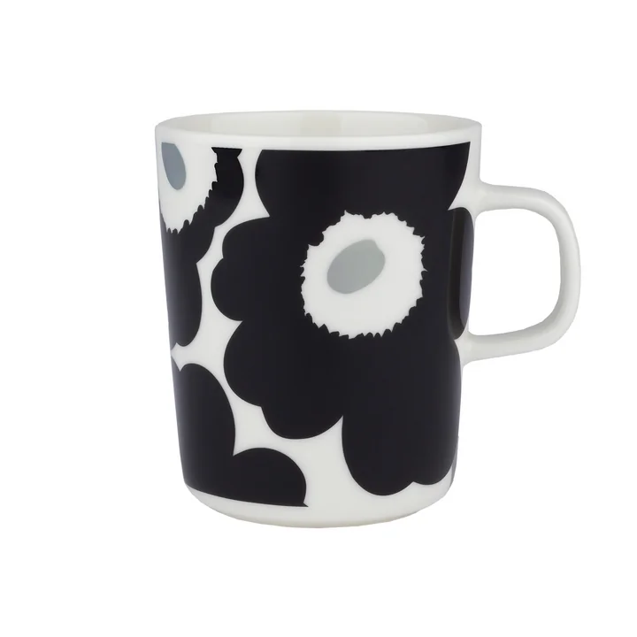 Oiva Unikko Mok met handvat, 250 ml, wit / zwart / zilver by Marimekko