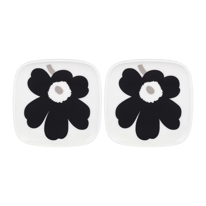 Marimekko Oiva Unikko - Dienblad, 10 x 10 cm, wit / kolen / zilver (set van 2)