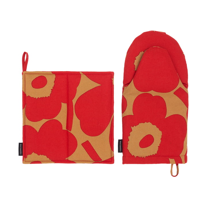 Pieni Unikko Ovenwant & pannenlap, beige/rood (set van 2) by Marimekko