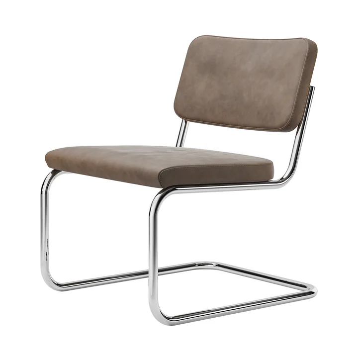 Thonet - S 32 PVL Loungestoel, Chroom/Nubuck Leer bruin