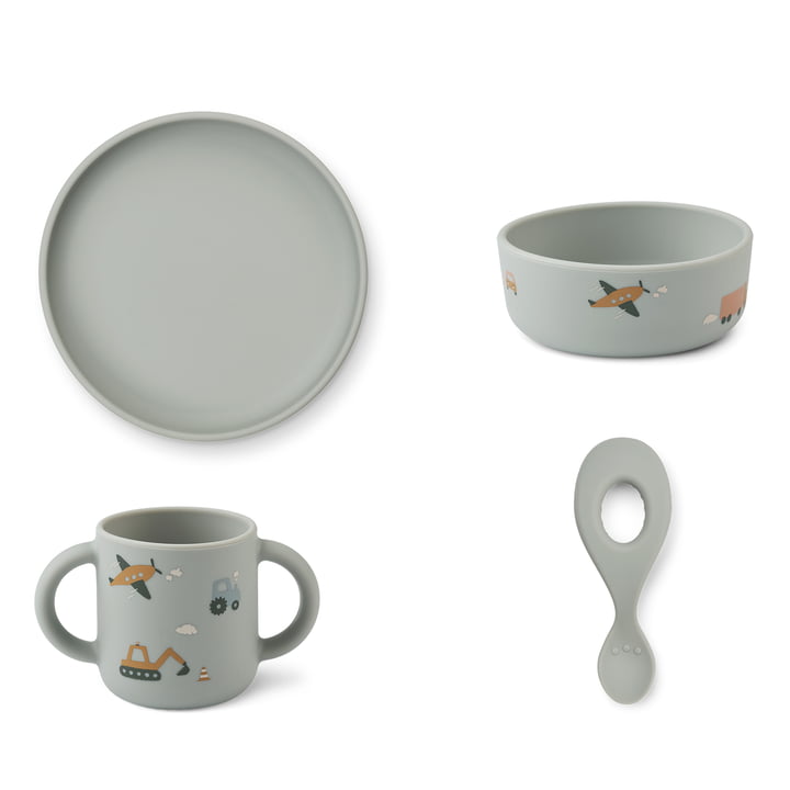 Vivi LIEWOOD - Siliconen servies set, voertuigen, duif blauw mix (set van 4)