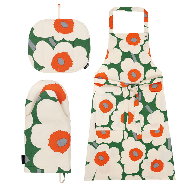 Pieni Unikko schort, pannenlap & ovenwant, groen/katoen/oranje (set van 3) by Marimekko