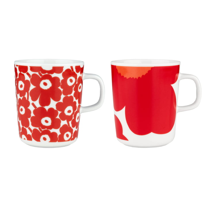 Oiva Iso Unikko & Pikkuinen Unikko Mok met handvat, 60th Anniversary, 250 ml, wit / rood (set van 2) van Marimekko