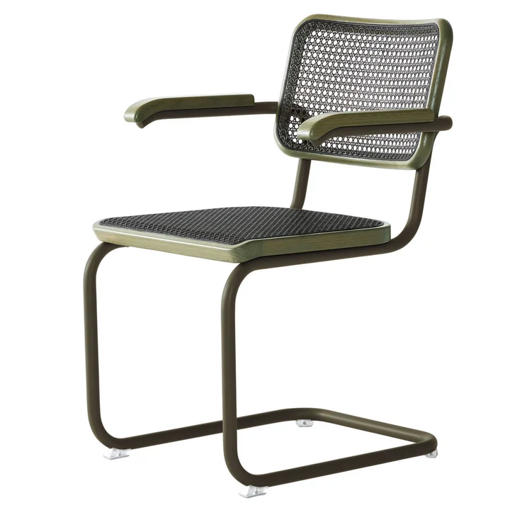Thonet - S 64 V Fauteuil, Donker gemêleerd vlechtwerk, saliegroen