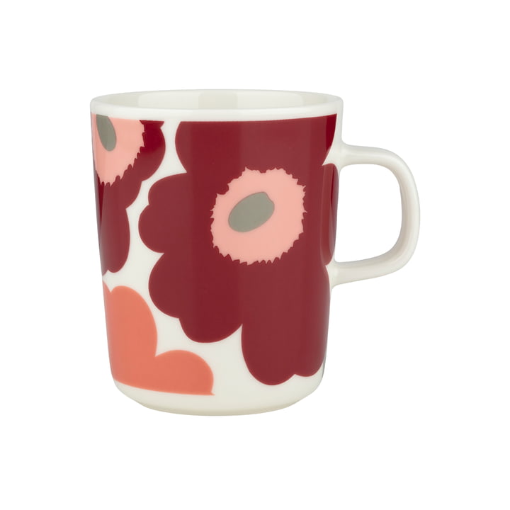 Marimekko - Oiva Unikko Mok met handvat, 250 ml, wit / donker kersen / zalmrood