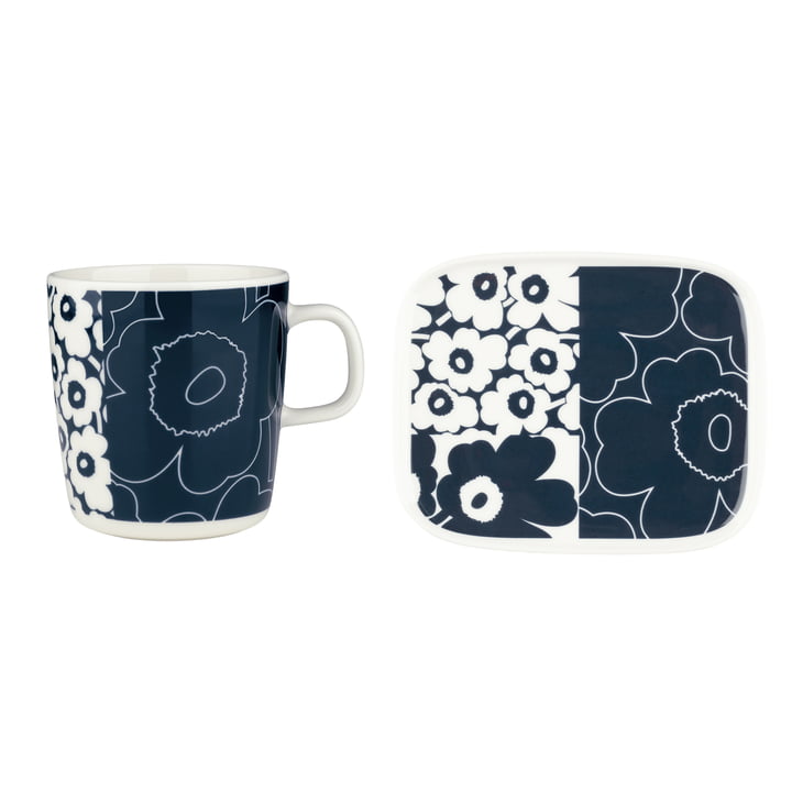 & Oiva Unikko Kollaasi mok met handvat Plate, 400 ml, wit / donkerblauw by Marimekko