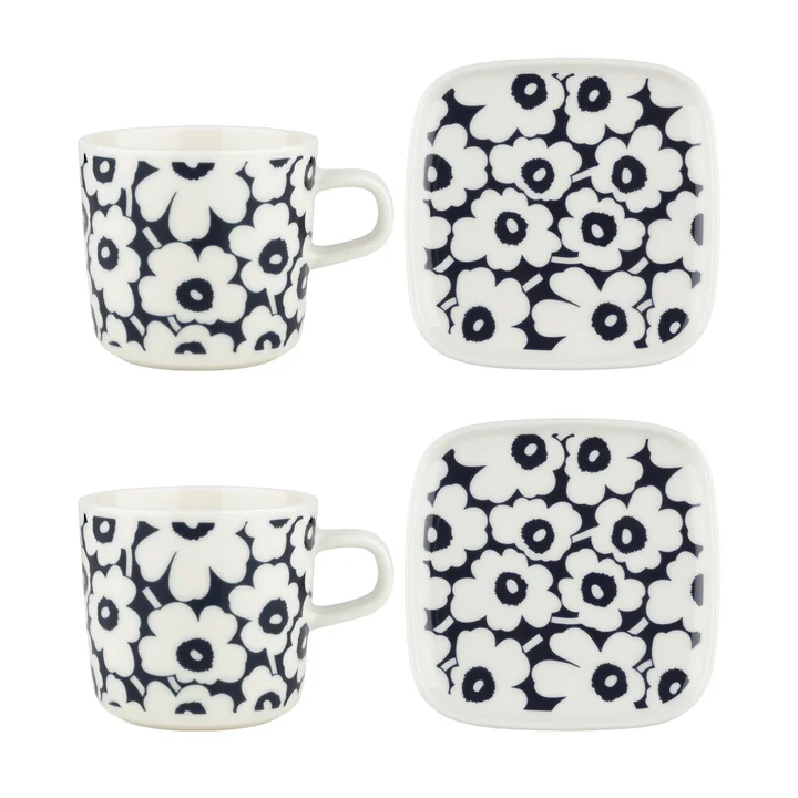 & Oiva Pikkuinen Unikko mok met handvat Plaat, donkerblauw / wit (set van 4) van Marimekko