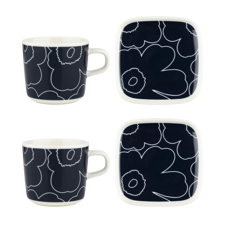 & Oiva Piirto Unikko mok met handvat Plate, wit / donkerblauw (set van 4) by Marimekko