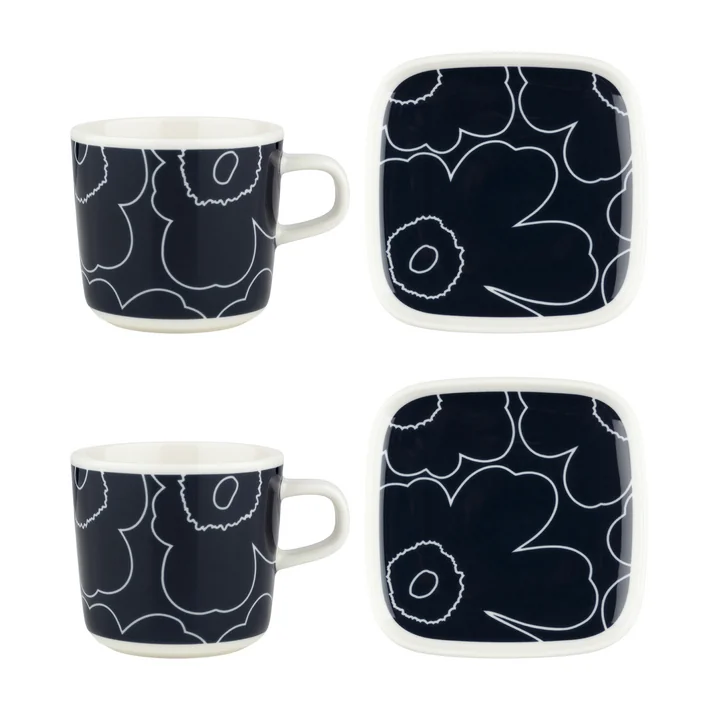 & Oiva Piirto Unikko mok met handvat Plate, wit / donkerblauw (set van 4) by Marimekko