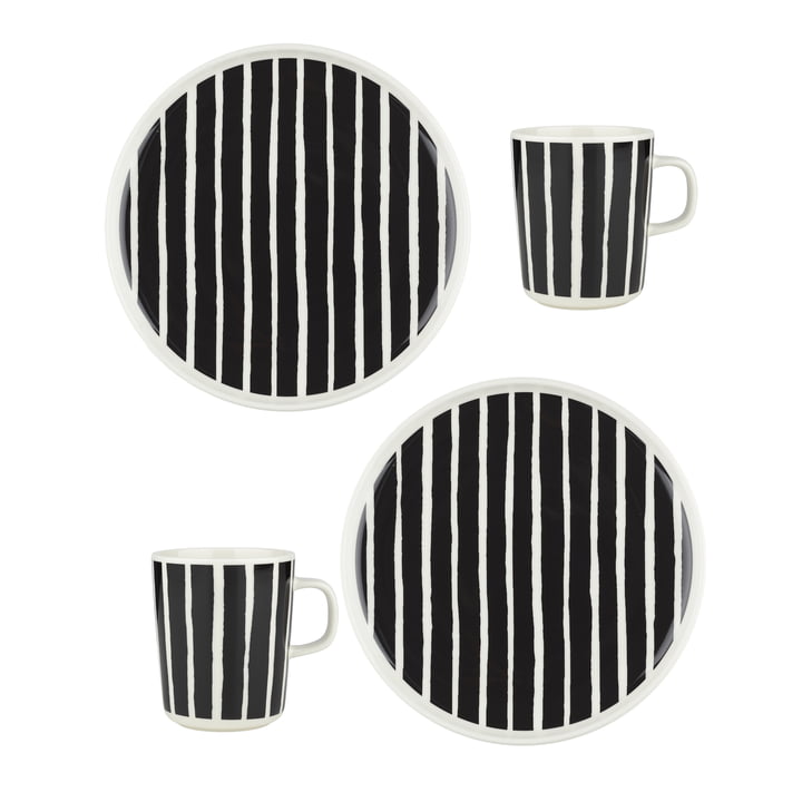 & Oiva Piccolo mok met handvat Plate, wit / zwart (set van 4) van Marimekko