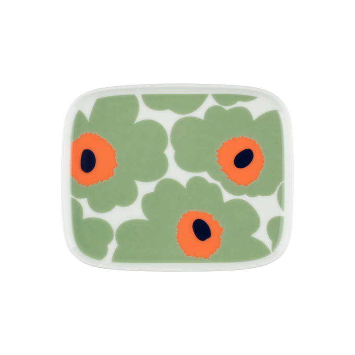 Marimekko Oiva Unikko - Dienblad, 15 x 12 cm, wit / salie / oranje / donkerblauw