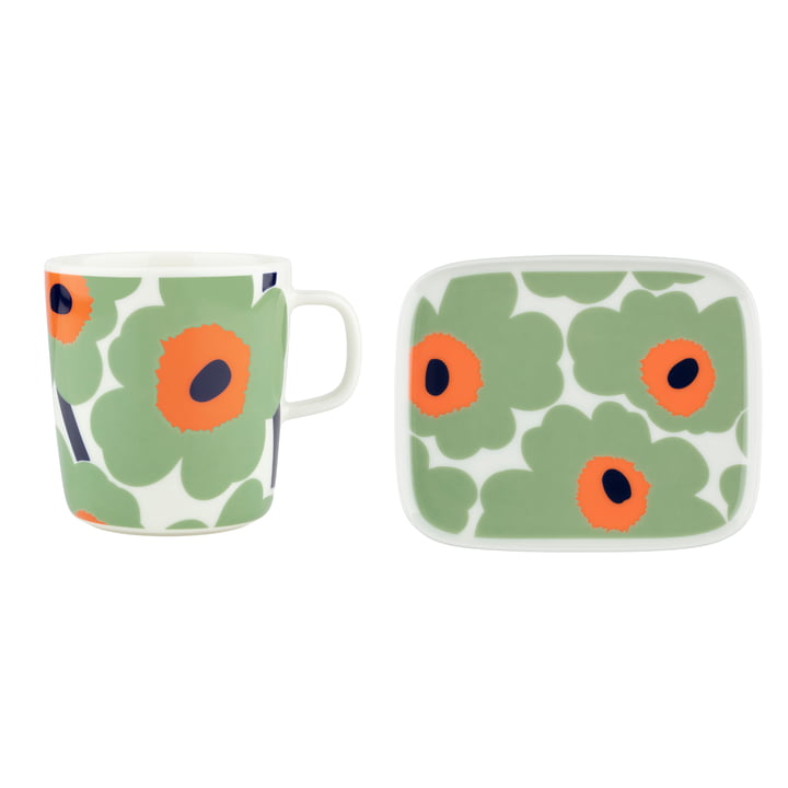 & & Oiva Unikko mok met handvat Plate, 400 ml 15 x 12 cm, wit / salie / oranje / donkerblauw (set van 2) by Marimekko