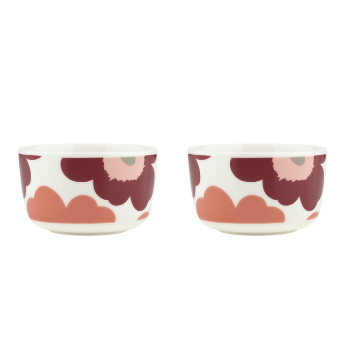 Marimekko - Oiva Unikko Kom, 250 ml, wit / donker kersen / zalmrood (set van 2)