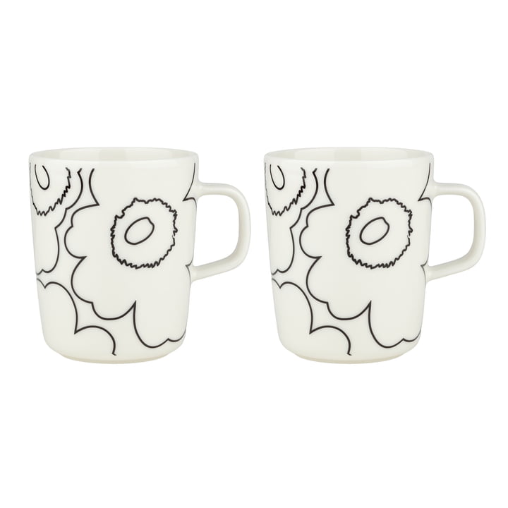 Oiva Piirto Unikko mok met handvat, 250 ml, wit / zwart (set van 2) by Marimekko