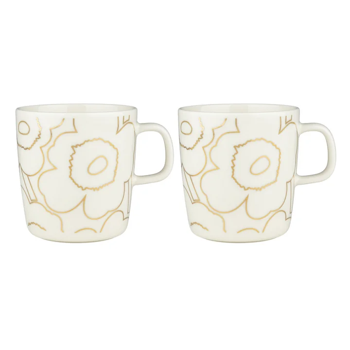 Oiva Piirto Unikko mok met handvat, 400 ml, wit/goud (set van 2) by Marimekko
